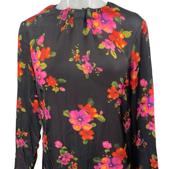 Asos Black Pink Floral Long Sleeve Cutout Back Tie Waist A Line Midi Dress Sz 6 - Picture 3 of 5